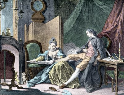 La cortigiana innamorata: Donna che rimuove il fondo di un uomo - incisione di ap. Butcher da Francois (after) Boucher