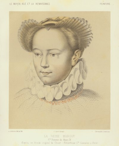 Margherita di Valois, prima moglie di Enrico IV di Francia (cromolitografia) da Francois (after) Clouet