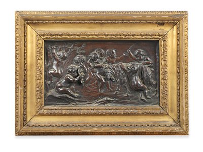Rilievo rettangolare in bronzo di infanti bacchici che giocano con una capra da Francois (after) Duquesnoy