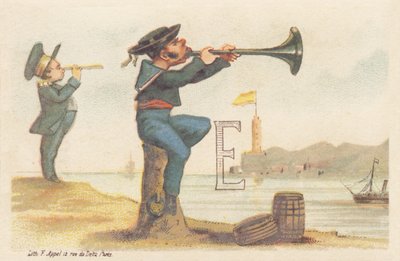 E (lettera raffigurata da un marinaio bretone seduto su una bitta e suonando la bomba) da Francois Antoine Appel