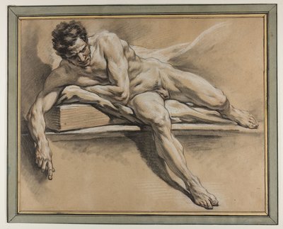 Studio accademico di un nudo maschile reclinato, 1750 circa (gesso nero, rosso e bianco su carta) da François Boucher