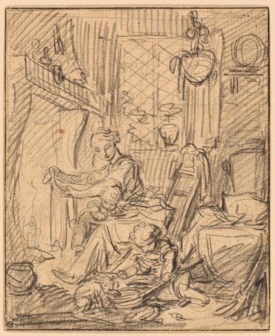 Scena domestica: Madre con due bambini piccoli davanti a un caminetto da François Boucher