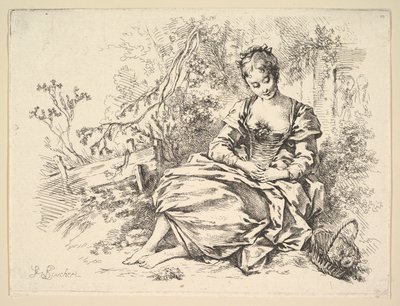 Ragazza in un paesaggio con un cesto di fiori da François Boucher