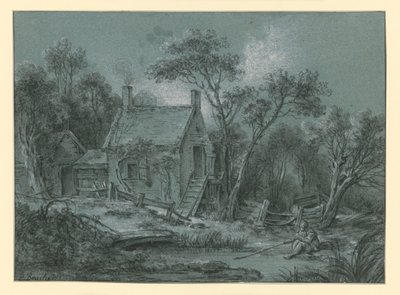 Casa con una scala tra gli alberi, davanti alla quale c’è un pescatore da François Boucher