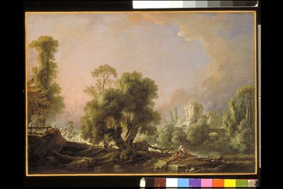 Paesaggio idilliaco con donna che pesca da François Boucher