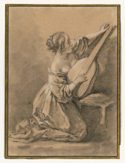 Giovane donna inginocchiata che accorda un liuto da François Boucher