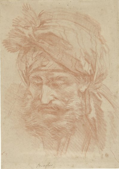 Testa di un orientale barbuto con turbante, vista frontale, con lo sguardo rivolto verso il basso da François Boucher