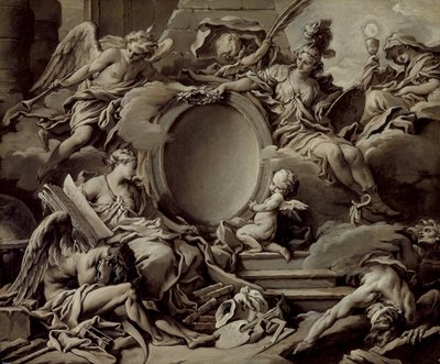 Progetto per un cartiglio: un’allegoria di Minerva, della Fama, della Storia e della Fede che vincono l’Ignoranza e il Tempo da François Boucher