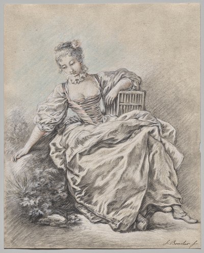 Donna seduta con in mano una gabbia per uccelli da François Boucher