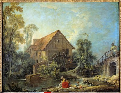 Il mulino. Una donna lava i panni nel ruscello vicino a un mulino ad acqua. Dipinto di Francois Boucher (1751) da François Boucher