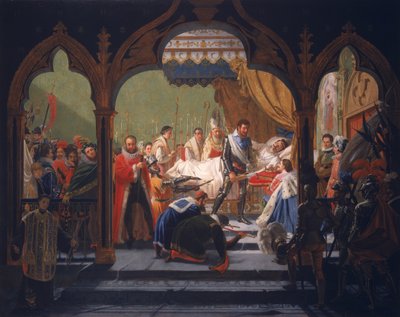 Enrico IV (1553-1610) riceve gli attributi della monarchia dal morente Enrico III (1551-1589) 1814 da Francois Buffet