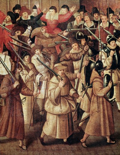Guerre di religione francesi: processione armata della Lega Cattolica di Francia nelle strade di Parigi da Francois Bunel