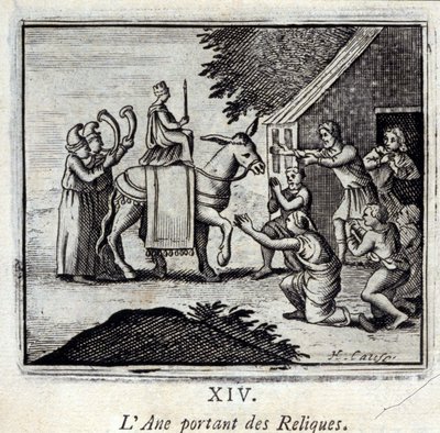 Asino che porta reliquie. Favole di Jean de La Fontaine (1621-95). Illustrazione di François Chauveau (1613-1676). Edizione del 1728 da Francois Chauveau