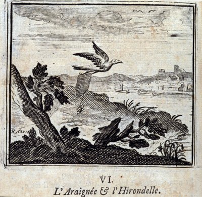 Il Ragno e la Rondine. Favole di Jean de La Fontaine (1621-95). Illustrazione di François Chauveau (1613-1676). Edizione del 1728 da Francois Chauveau