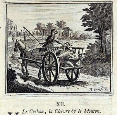 Il maiale, la capra e la pecora. Favole di Jean de La Fontaine. Illustrazione di François Chauveau. Edizione del 1728. da Francois Chauveau