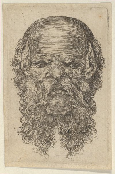 Maschera di un uomo calvo con orecchie a punta e lunga barba divisa, da Divers Masques, ca. 1635-45 da Francois Chauveau