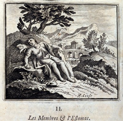 Membri e Stomaco. Favole di Jean de La Fontaine (1621-95). Illustrazione di François Chauveau (1613-1676). Edizione del 1728 da Francois Chauveau