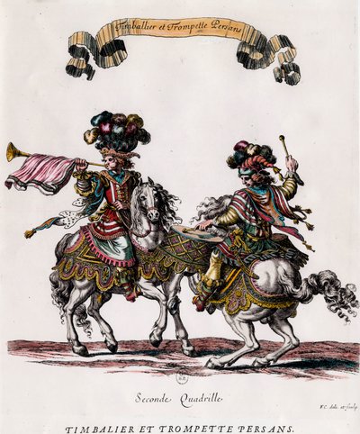 Timbalier e trombettiere persiani durante il carosello offerto dal re Luigi XIV (1639-1715). Incisione di François Chauveau (1613-1676) circa 1662. Collezione privata da Francois Chauveau