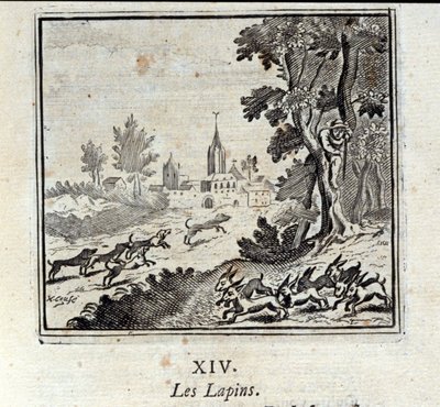 Conigli. Favole di Jean de La Fontaine (1621-95). Illustrazione di François Chauveau (1613-1676). Edizione del 1728 da Francois Chauveau