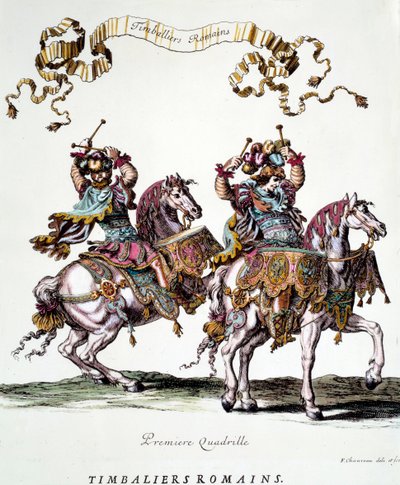 Timpanisti romani durante il carosello dato dal re Luigi XIV (1638-1715) nel 1662. Incisione di Francois Chauveau (1613-1676) XVII secolo Collezione privata da Francois Chauveau