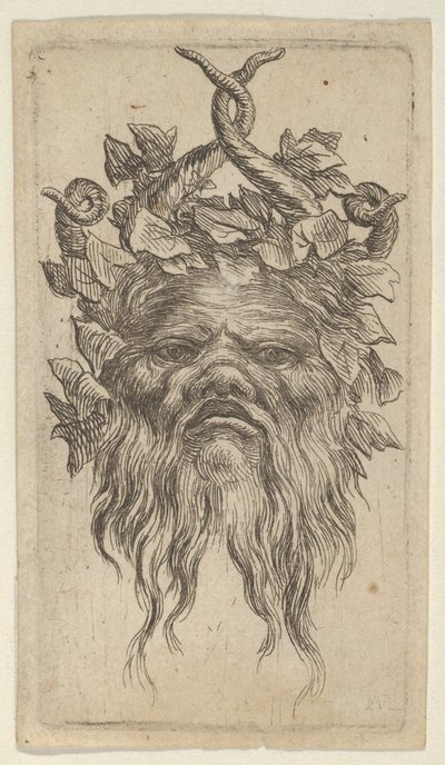 Maschera di satiro con corna uncinate e una corona di edera, da Divers Masques, ca. 1635-45 da Francois Chauveau