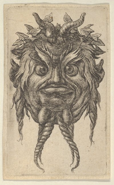Maschera di satiro con corna e barba attorcigliata che indossa una corona di edera, da Divers Masque..., ca. 1635-45 da Francois Chauveau