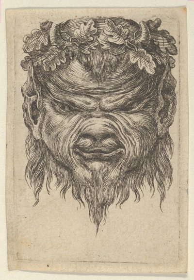 Maschera di satiro con muso indentato e corona di foglie di quercia, da Divers Masques, ca. 1635-45 da Francois Chauveau