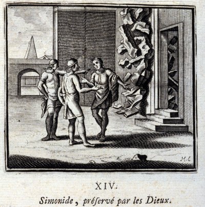 Simonide salvato dagli Dei. Favole di Jean de La Fontaine (1621-95). Illustrazione di François Chauveau (1613-1676). Edizione del 1728 da Francois Chauveau