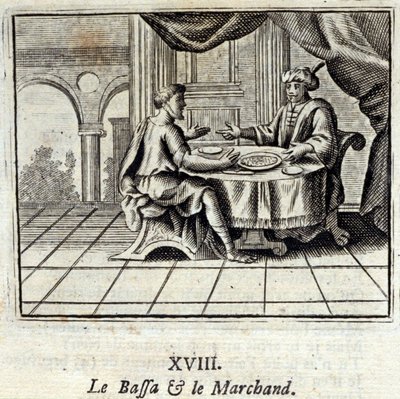 Il Bassa e il mercante. Favole di Jean de La Fontaine (1621-95). Illustrazione di François Chauveau (1613-1676). Edizione del 1728. da Francois Chauveau