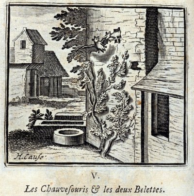 Il pipistrello e le due donnole. Favole di Jean de La Fontaine. Illustrazione di François Chauveau. Edizione del 1728 da Francois Chauveau