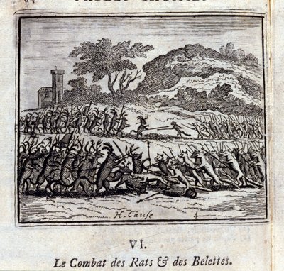 La Battaglia dei Ratti e delle Donnole. Favole di Jean de La Fontaine (1621-95). Illustrazione di François Chauveau (1613-1676). Edizione del 1728 da Francois Chauveau