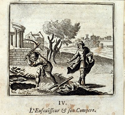 Il bruciatore e il suo compare. Favole di Jean de La Fontaine (1621-95). Illustrazione di François Chauveau (1613-1676). Edizione del 1728 da Francois Chauveau
