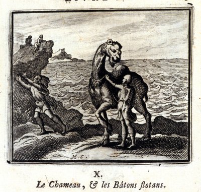 Il cammello e i bastoni galleggianti. Favole di Jean de La Fontaine. Illustrazione di François Chauveau. Edizione del 1728. da Francois Chauveau