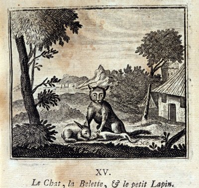 Il gatto, la donnola e il coniglietto. Favole di Jean de La Fontaine. Illustrazione di François Chauveau. Edizione del 1728. da Francois Chauveau
