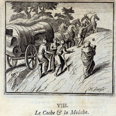 Il carro e la mosca. Favole di Jean de La Fontaine (1621-95). Illustrazione di François Chauveau (1613-1676). Edizione del 1728. da Francois Chauveau