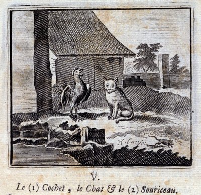 Il gallo, il gatto e il topo. Favole di Jean de La Fontaine (1621-95). Illustrazione di François Chauveau (1613-1676). Edizione del 1728. da Francois Chauveau