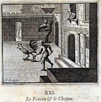 Il Falco e il Cappone. Favole di Jean de La Fontaine (1621-95). Illustrazione di François Chauveau (1613-1676). Edizione del 1728 da Francois Chauveau