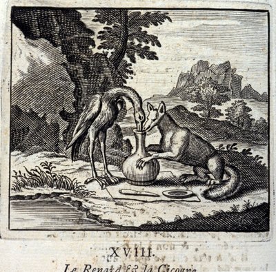 La volpe e la cicogna. Favole di Jean de La Fontaine (1621-95). Illustrazione di François Chauveau (1613-1676). Edizione del 1728 da Francois Chauveau