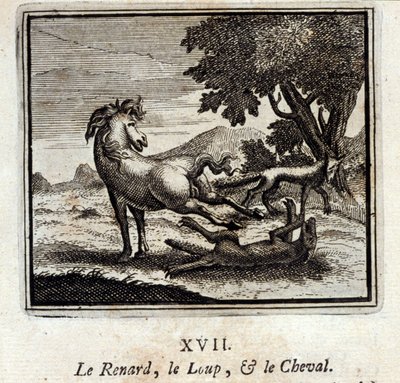 La Volpe, il Lupo e il Cavallo. Favole di Jean de La Fontaine (1621-95). Illustrazione di François Chauveau (1613-1676). Edizione del 1728 da Francois Chauveau