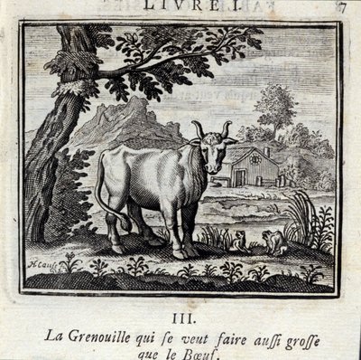 La Rana che vuole diventare grande come il Bue. Favole di Jean de La Fontaine (1621-95). Illustrazione di François Chauveau (1613-1676). Edizione del 1728 da Francois Chauveau