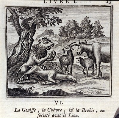 La Giovenna, il Bue e la Pecora in società con il Leone. Favole di Jean de La Fontaine (1621-95). Illustrazione di François Chauveau (1613-1676). Edizione del 1728 da Francois Chauveau