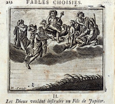 Gli Dei che vogliono insegnare a un figlio di Giove. Favole di Jean de La Fontaine (1621-95). Illustrazione di François Chauveau (1613-1676). Edizione del 1728 da Francois Chauveau