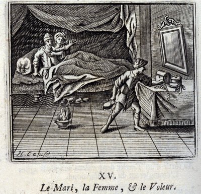 Il marito, la moglie e il ladro. Favole di Jean de La Fontaine. Illustrazione di François Chauveau. Edizione del 1728 da Francois Chauveau