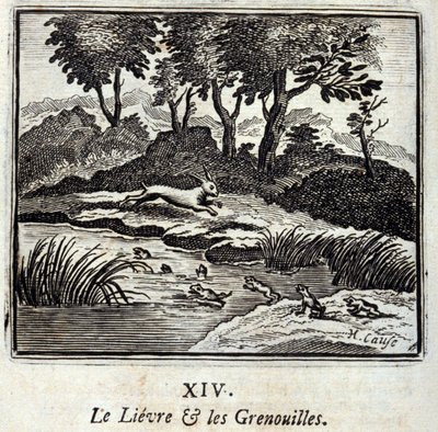 La lepre e le rane. Favole di Jean de La Fontaine (1621-95). Illustrazione di François Chauveau (1613-1676). Edizione del 1728 da Francois Chauveau