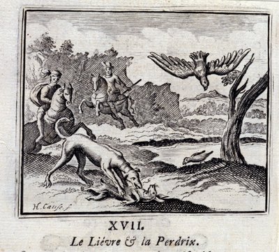 La lepre e la pernice. Favole di Jean de La Fontaine (1621-95). Illustrazione di François Chauveau (1613-1676). Edizione del 1728 da Francois Chauveau