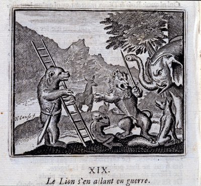 Il leone che va in guerra. Favole di Jean de La Fontaine (1621-95). Illustrazione di François Chauveau (1613-1676). Edizione del 1728 da Francois Chauveau