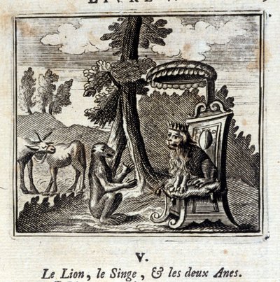 Il leone, la scimmia e i due asini. Favole di Jean de La Fontaine (1621-95). Illustrazione di François Chauveau (1613-1676). Edizione del 1728 da Francois Chauveau
