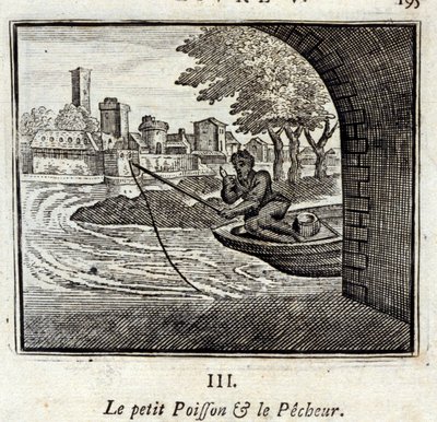 Il pesciolino e il pescatore. Favole di Jean de La Fontaine (1621-95). Illustrazione di François Chauveau (1613-1676). Edizione del 1728. da Francois Chauveau