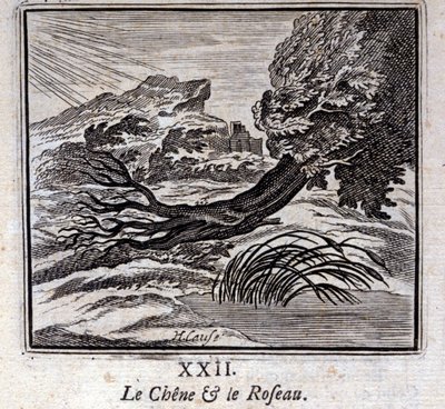 La quercia e la canna. Favole di Jean de La Fontaine. Illustrazione di François Chauveau. Edizione del 1728 da Francois Chauveau