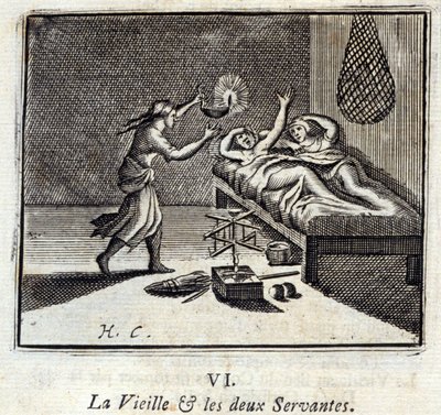 La vecchia signora e i due servi. Favole di Jean de La Fontaine. Illustrazione di François Chauveau. Edizione del 1728 da Francois Chauveau